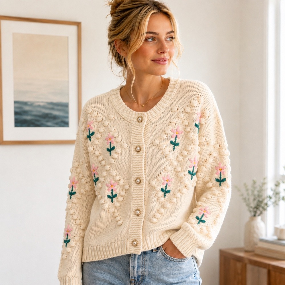 Cider Cream Floral Embroidered Cottagecore oversized Pearl Button Sweater XS